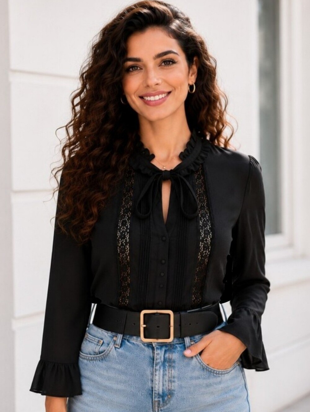 Shop The Trends Ruffle Tie Neck Lace Chiffon Blouse M Bell Sleeve Romantic Chic
